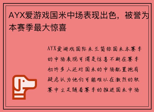 AYX爱游戏国米中场表现出色，被誉为本赛季最大惊喜